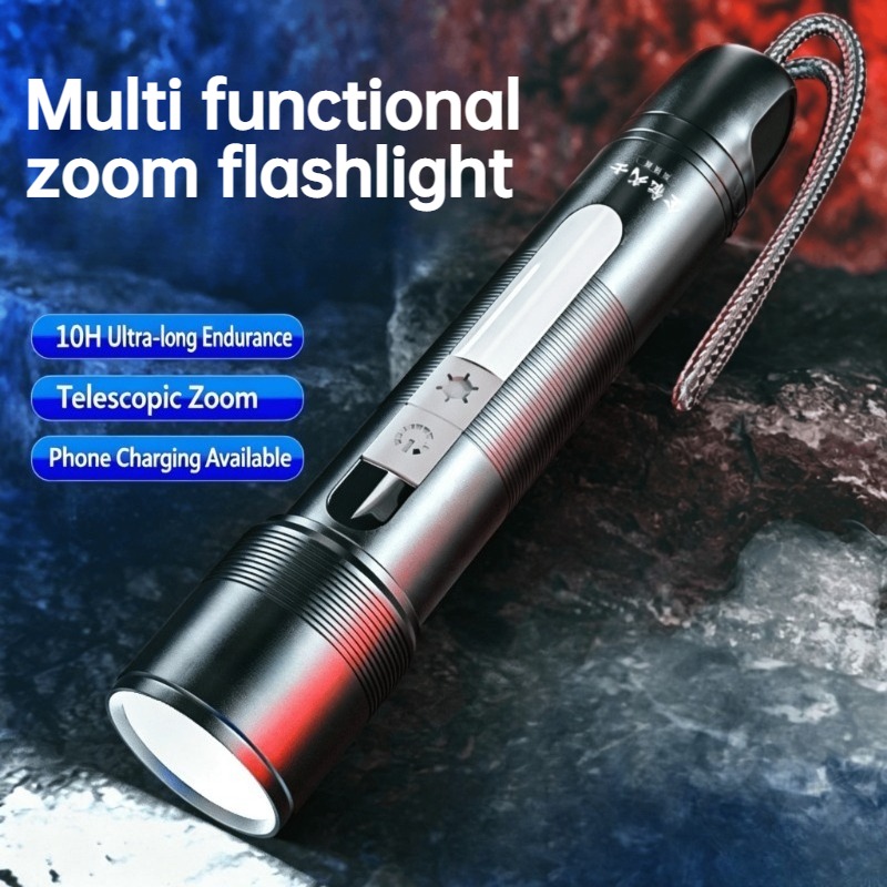 Outdoor Power Bank - ไฟฉาย LED อเนกประสงค์ซูมได้ COB ไฟด้านข้างแบบชาร์จไฟได้พาวเวอร์แบงค์แบบพกพาไฟฉายกันน้ำกลางแจ้งแคมป์ปิ้งเดินป่า