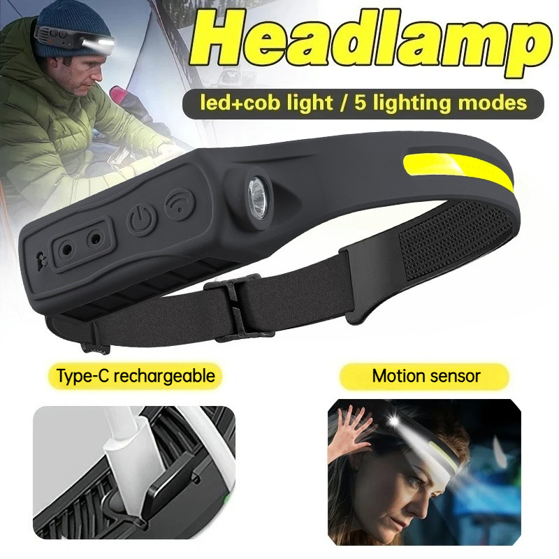 Outdoor Power Head - ไฟฉายคาดศีรษะเซ็นเซอร์ LED COB อันทรงพลังแบบชาร์จไฟได้ 5 โหมดแสงไฟฉายคาดศีรษะสำหรับตกปลากลางแจ้งตั้งแคมป์