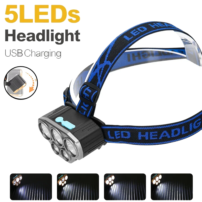Outdoor Power Head - ไฟฉายคาดศีรษะแบบชาร์จไฟได้ 5 LED สว่างเป็นพิเศษ ไฟฉายคาดศีรษะกันน้ำที่มีประสิทธิภาพสำหรับการตั้งแคมป์กลางแจ้งวิ่งแสงสว่าง