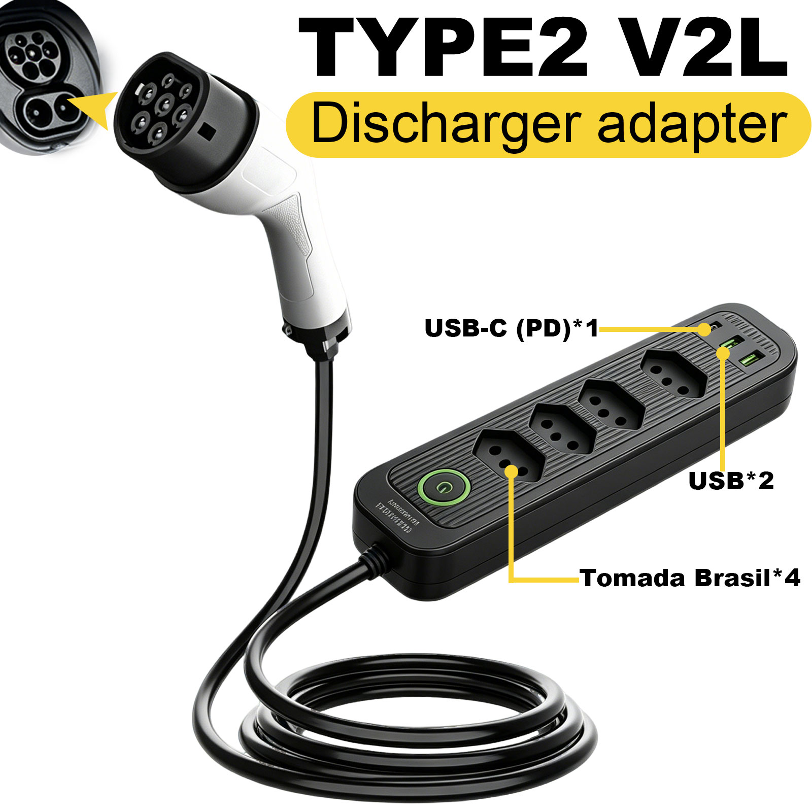 Outdoor Power Hub - อะแดปเตอร์ปล่อยไฟ Type2 V2L 16A สำหรับปลั๊กบราซิล ใช้กับสถานีไฟฟ้าภายนอกสำหรับรถยนต์ไฟฟ้า