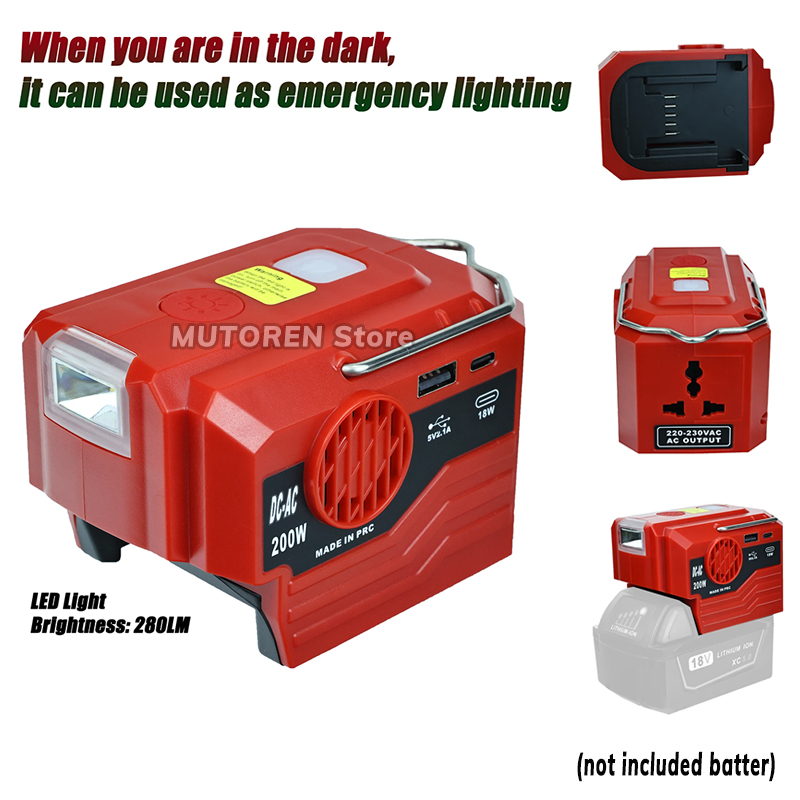 Outdoor Power Inverter - 200W อินเวอร์เตอร์ไฟฟ้าแบบพกพา120V/220V, อินเวอร์เตอร์แบตเตอรี่ลิเธียมเคลื่อนที่กลางแจ้งพร้อมไฟ LED สำหรับแบตเตอรี่ Li-ION