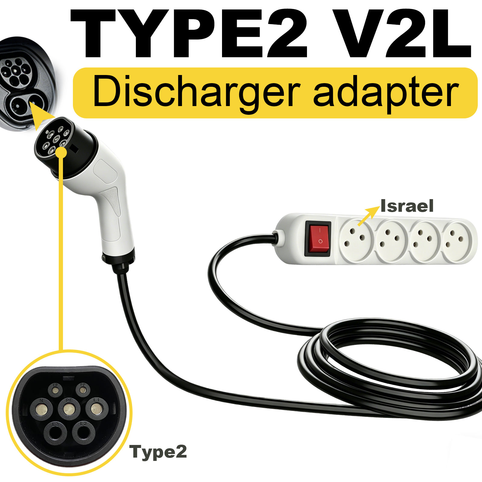 Outdoor Power Hub - อะแดปเตอร์ปล่อยไฟฟ้า Type2 V2L สำหรับปลั๊กไฟฟ้าอิสราเอล ใช้กับสถานีไฟฟ้ากลางแจ้ง สำหรับรถยนต์ไฟฟ้า