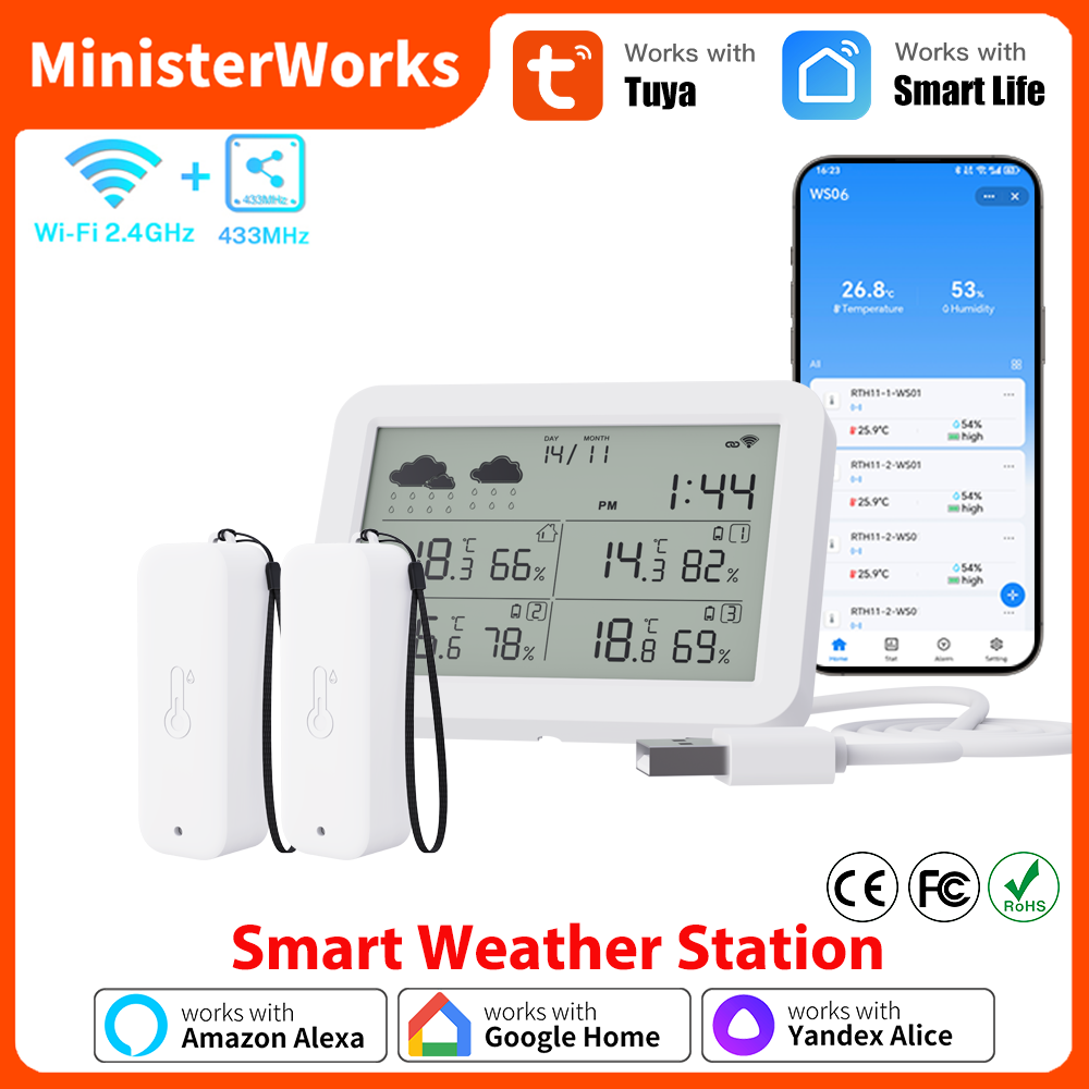 Outdoor Power Meter - สถานีตรวจอากาศ Tuya WiFi RF433 เซ็นเซอร์วัดอุณหภูมิและความชื้นไร้สาย พร้อมหน้าจอดิจิตอล